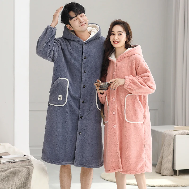 

Couple Hooded Robe Winter Flannel Bathrobe Home Clothes Robe Coat thick pijamas hombre robes 3XL