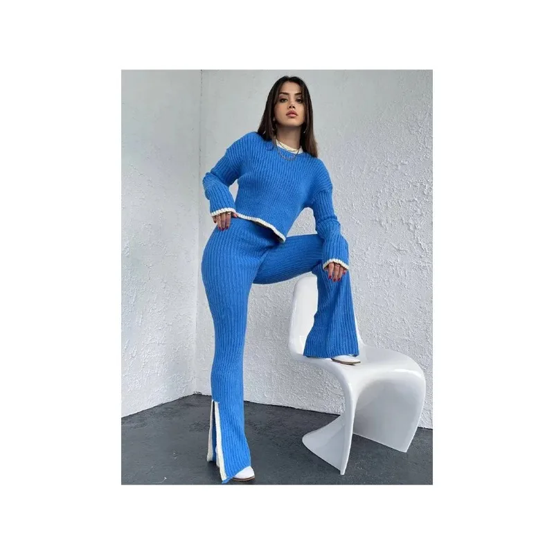 Women\'s Knitted Flare Pants Set, Casual Pullovers Suits, Long Sleeve, Elegant Sexy Tops, Elastic Sweaterpants, Autumn, Winter