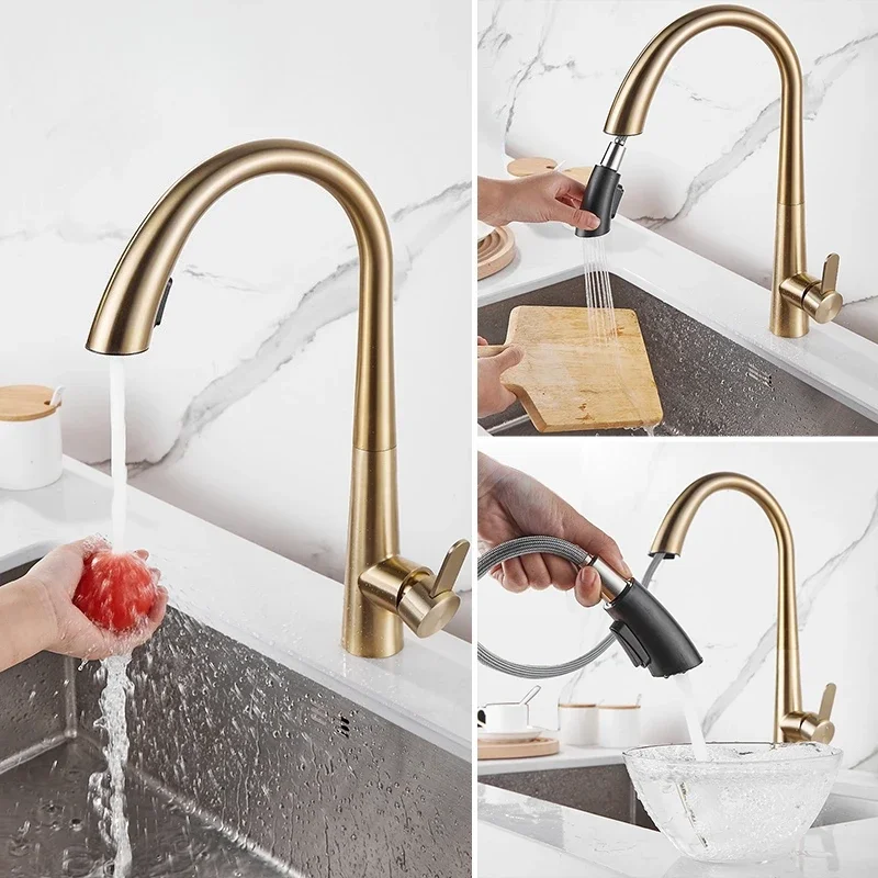 Brushed gold kitchen faucet 304 stainless steel light luxury hot and cold pull-out faucet universal telescopic sink Tap G3/8G1/2