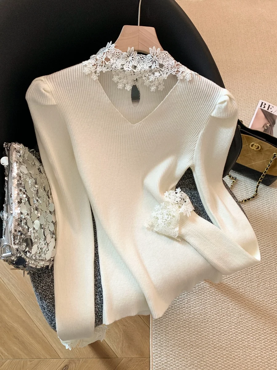 

Женская теплая трикотажная кофта с длинным рукавом, кружевными вставками и высоким воротником для осени и зимы, базовая модель для повседневной носки