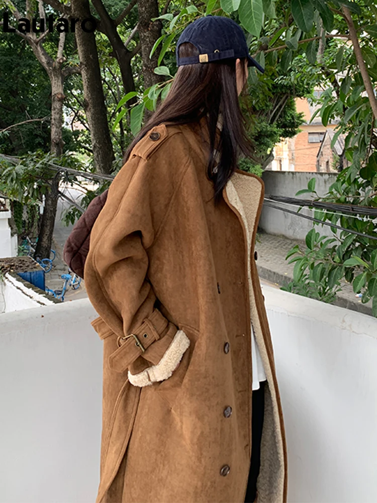 Lautaro Winter Long Brown Oversized Thick Warm Faux Sheepskin Trench Coat for Women Belt Double Breasted Fleece Lined Overcoat