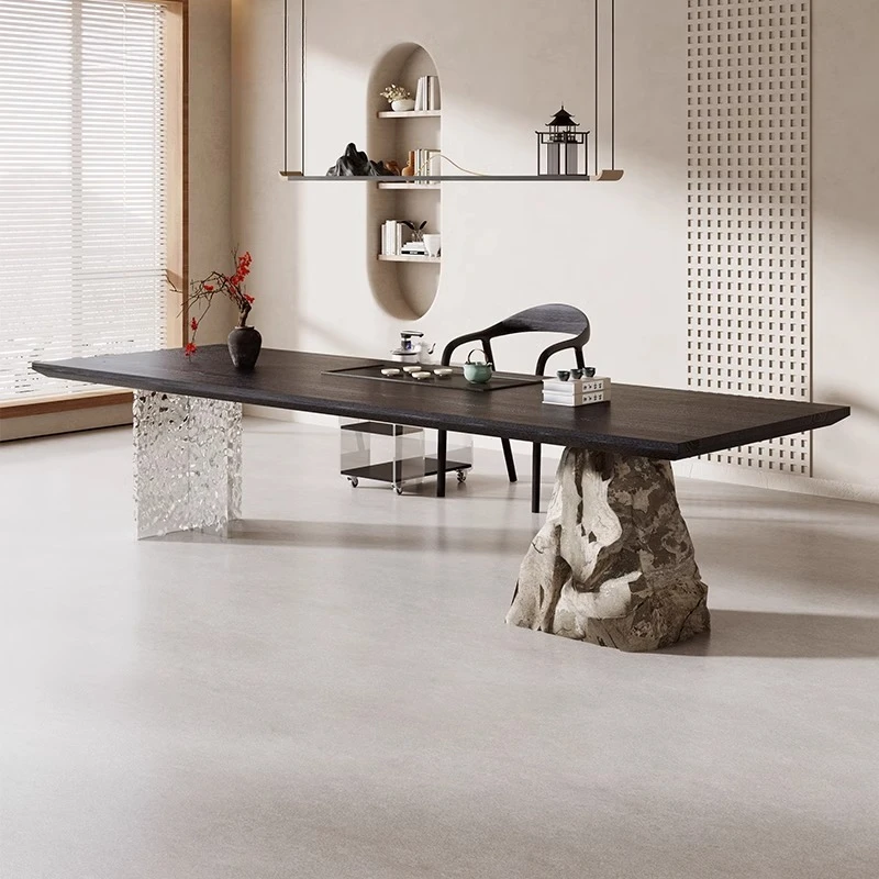 

Wabi Sabi wind carbonized black large board tea table high-end with tea tray whole board solid wood viewing tea table B & B Zen