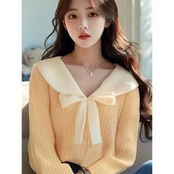 Sweet Turn-down Collar Bow Sweater Women Autumn Simplicity Loose Solid Color Knitwear Casual All-match Office Lady Knitwear Tops