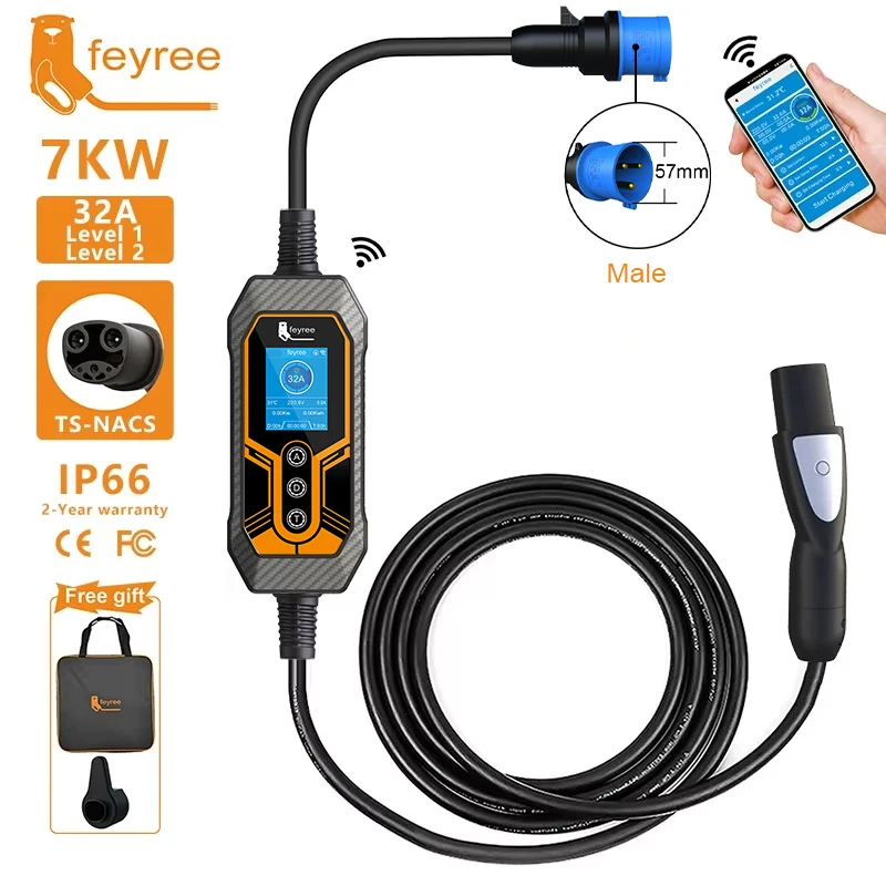 feyree EV Charger Wallbox TS-NACS Socket 32A 7KW 1Phase APP Control EVSE Przenośna ładowarka do samochodów Tesla Modele 3/Y/S/X