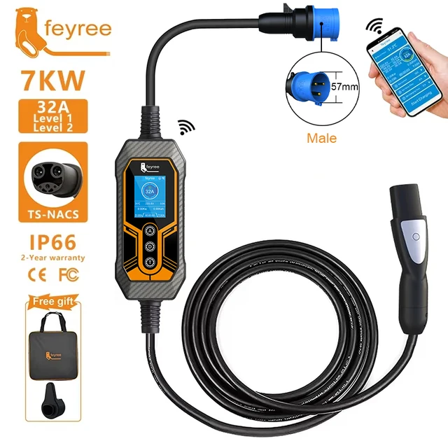feyree EV Charger Wallbox TS-NACS Socket 32A 7KW 1Phase APP Control EVSE Przenośna ładowarka do samochodów Tesla Modele 3/Y/S/X