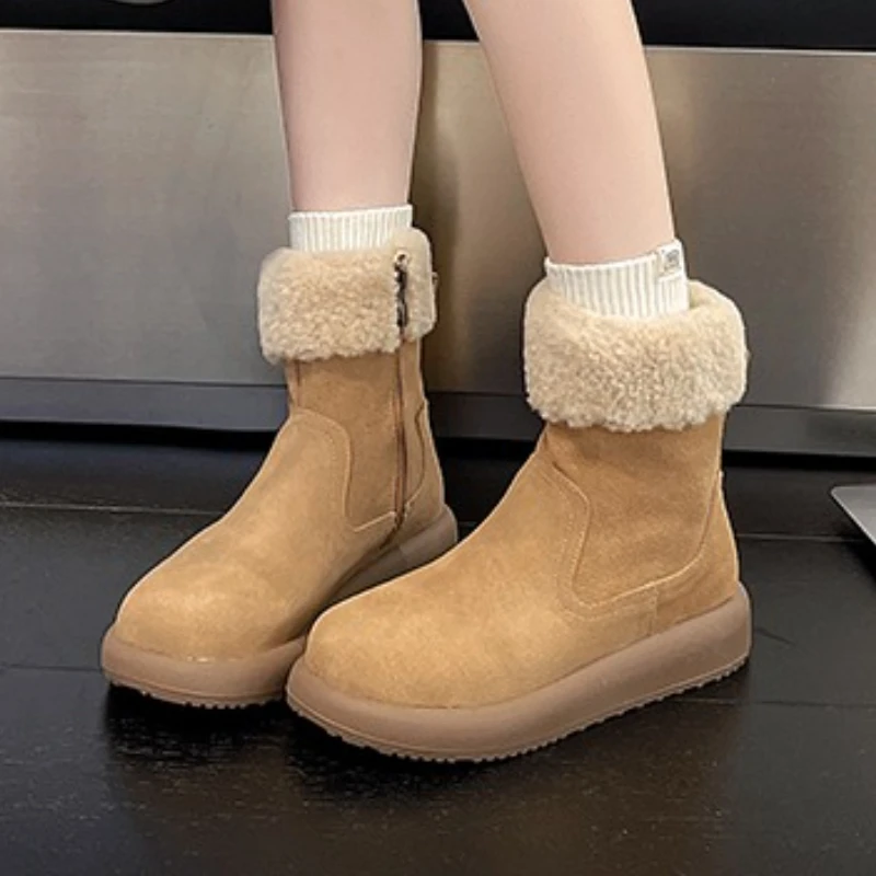 

Женские ботильоны на плоской подошве, замшевая обувь на меху, повседневная спортивная тенденция 2024, новые модные кроссовки, короткие плюшевые зимние ботинки, зимние ботинки Botas Mujer