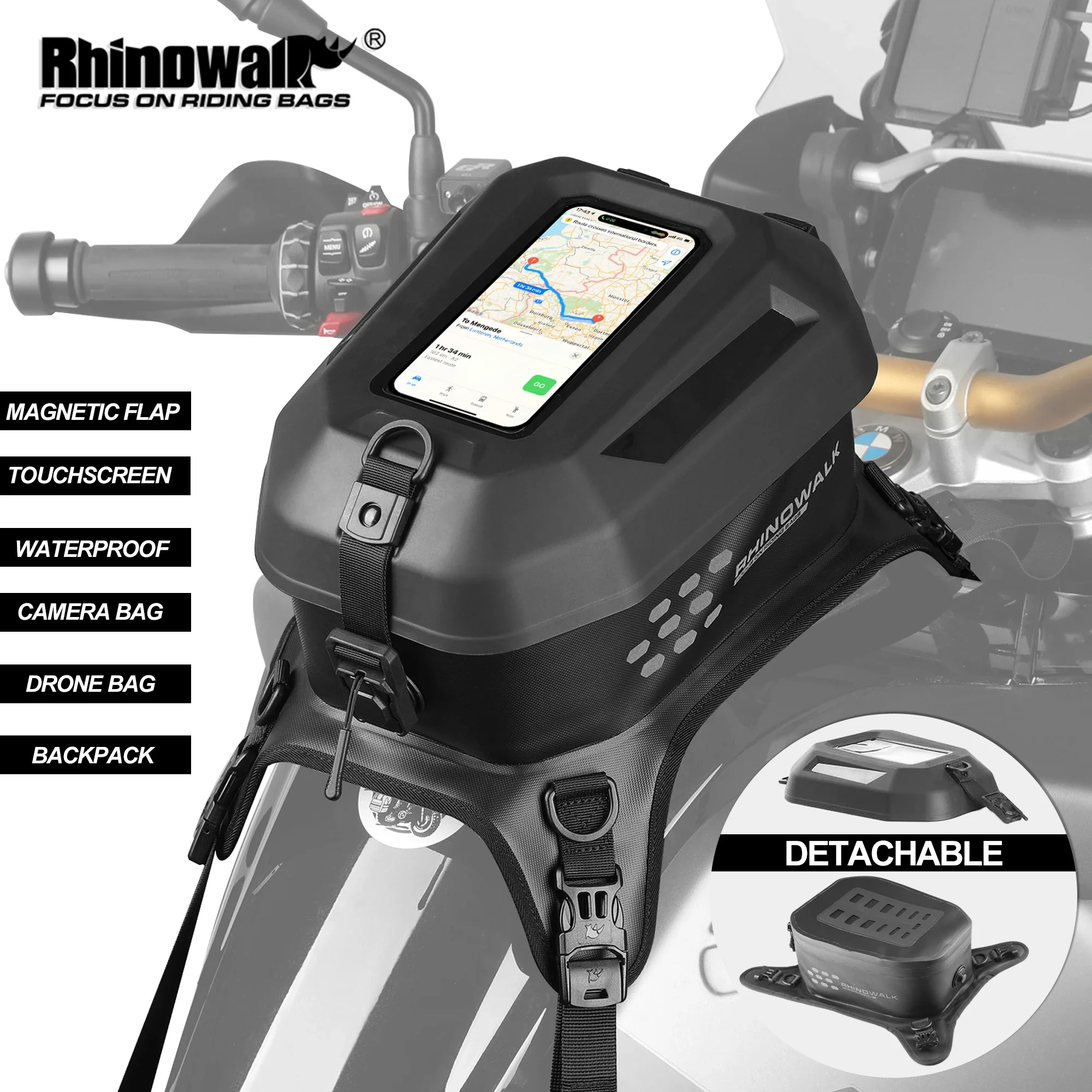 

Rhinowalk Motorcycle Tank Bag 5.6L Waterproof Multifunctional Phone Nav Drone & Camera Bag Backpack Magnetic Flap Touchscreen
