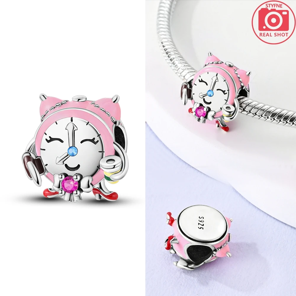 Pink Cute Alarm Clock Beads 925 Silver Plated Original Beads Fit Original 925 Charms Bracelet Beads Jewelry Gifts For Women