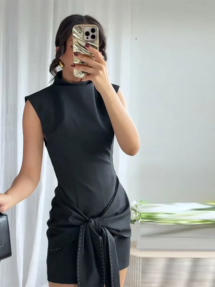 Preto sem mangas vestido feminino alta pescoço contraste ponto gravata cintura mini vestidos 2025 elegante feminino diário all-match vestidos