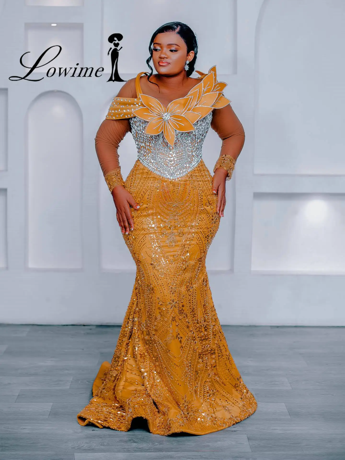 

Mustard Yellow Mermaid Dress with Crystals Stones Aso Ebi Plus Size Floral Beaded Long Prom Gowns for African Black Girls