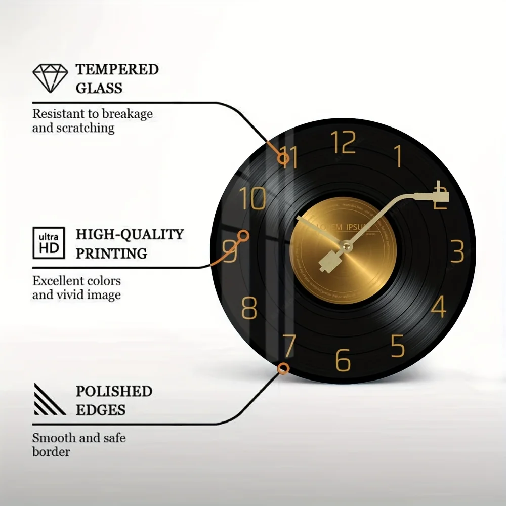 1pc, 10-Inch/12-Inch Retro Vinyl Record Wall Clock, Black And Golden Timepiece, Tempered Glass Face, Silent And Battery-Powered, Creative Decor for Living Room, Bedroom Home/Office, Perfect Music Lover's Gift (Batteries Not Included)