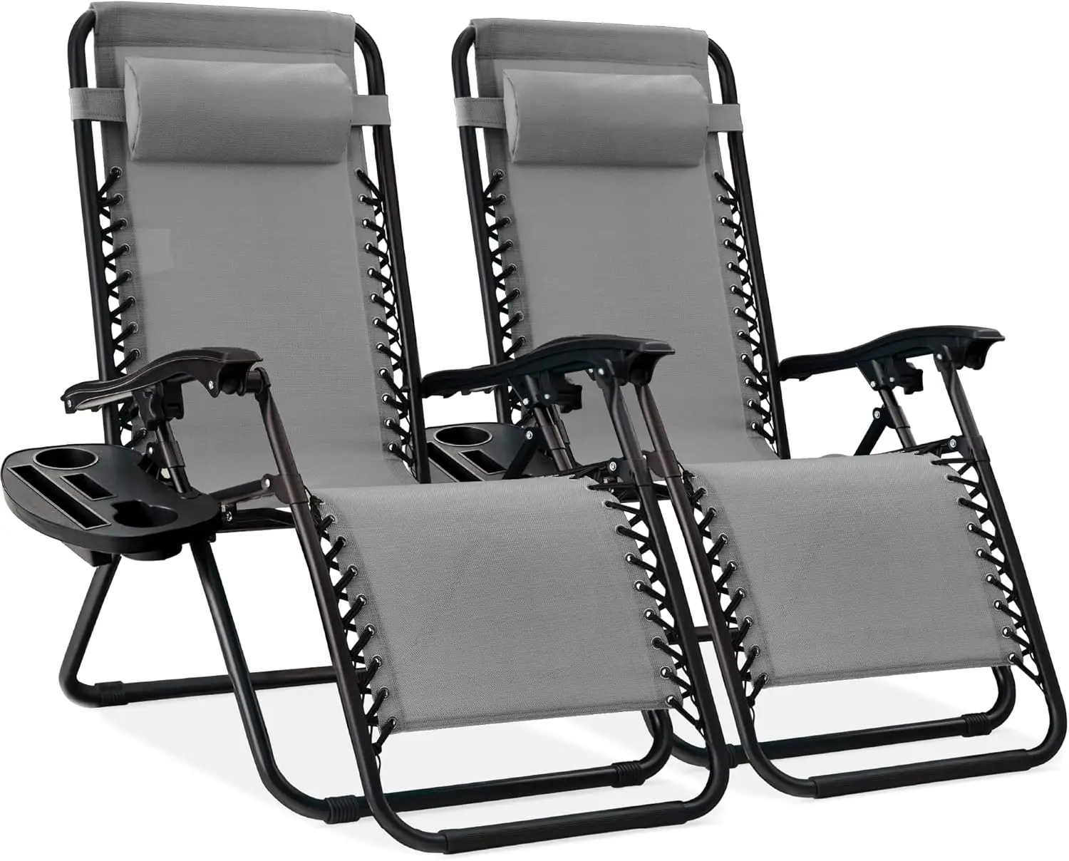 Set of 2 Adjustable Steel Mesh Zero Gravity Lounge Chair Recliners w/Pillows and Cup Holder Trays - Ice Gray