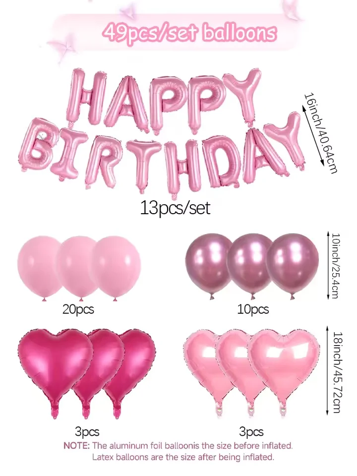 49pcs And 16 Inch Pink Happy Birthday Letter Love Aluminum Film Balloon Set, Suitable For Birthday Party, Date Anniversary Decor