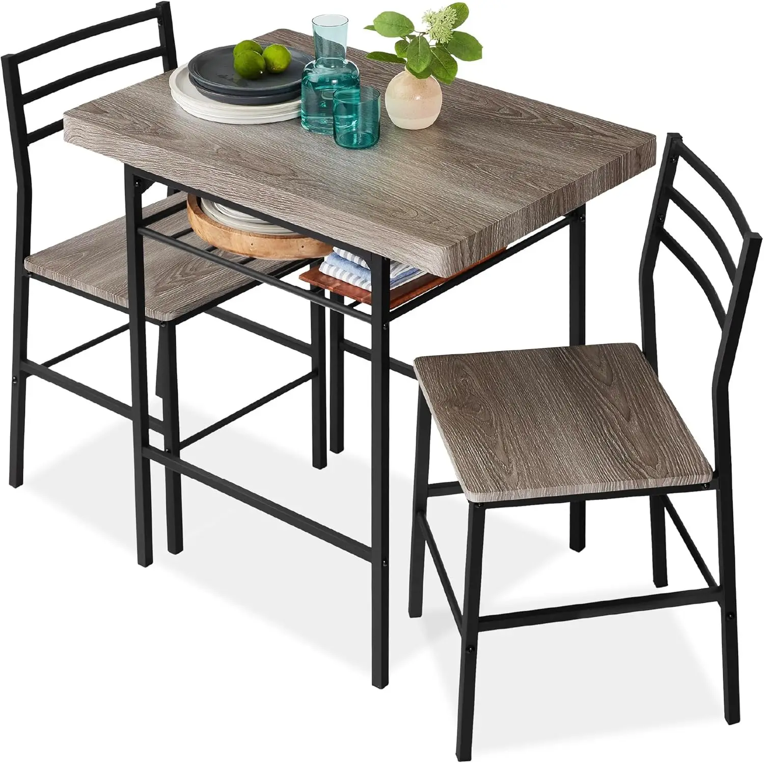 3-Piece Modern Dining Set, Space Saving Dinette for Kitchen, Dining Room, Small Space w/Steel Frame, Built-in Storage Rack