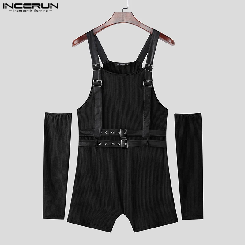 

INCERUN Men Bodysuits Patchwork Knitted Men Straps Rompers Playsuits With Sleeve Workout 2025 Fashion Casual Male Bodysuit S-3XL