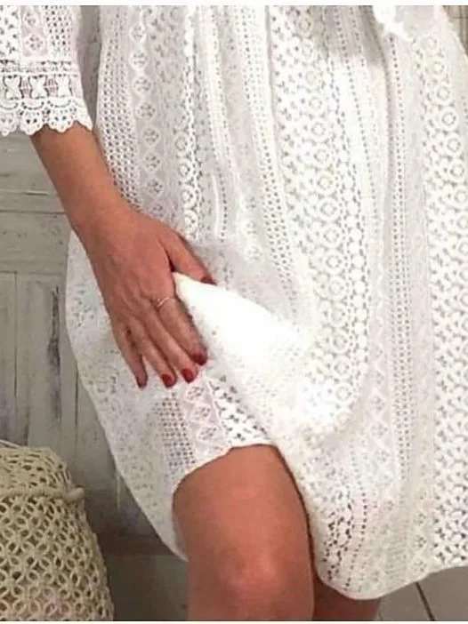 Pure kleur kant V-hals sexy uitsparing uitgeholde trimrok Dr Street Sle patchwork midi polyester zomer Bell Sve