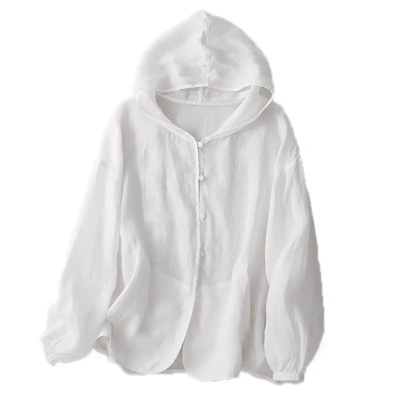 Ramie roupas de proteção solar para mulheres no verão 2025 novo leve solto respirável com capuz manga comprida jaqueta fina g1037