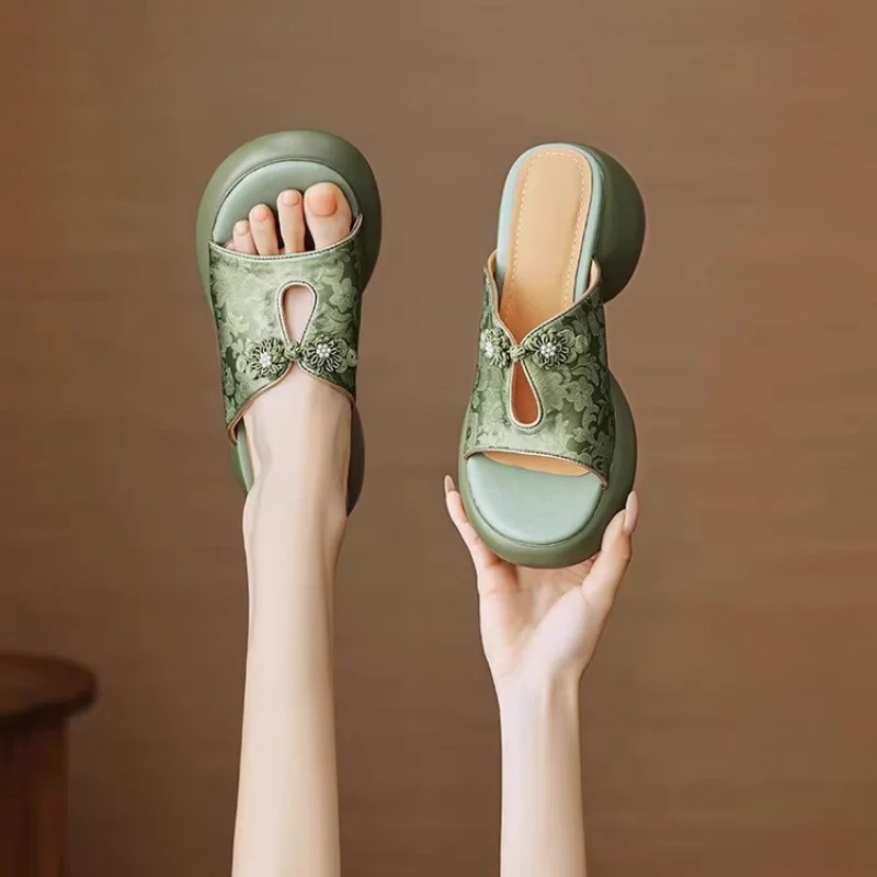 Nuevas Sandalias de Plataforma Estilo Chino para Mujer, Sandalias Deslizantes Retro con Botones de Jacquard, Sandalias de Cuña Elevada para Exteriores