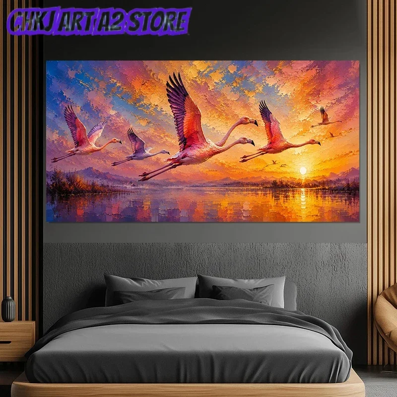Flamingos Flight Colorful Bird Landscape Vibrant Sunset Poster and Prints Canvas Painting Wall Art Pictures Home Decor Cuadros