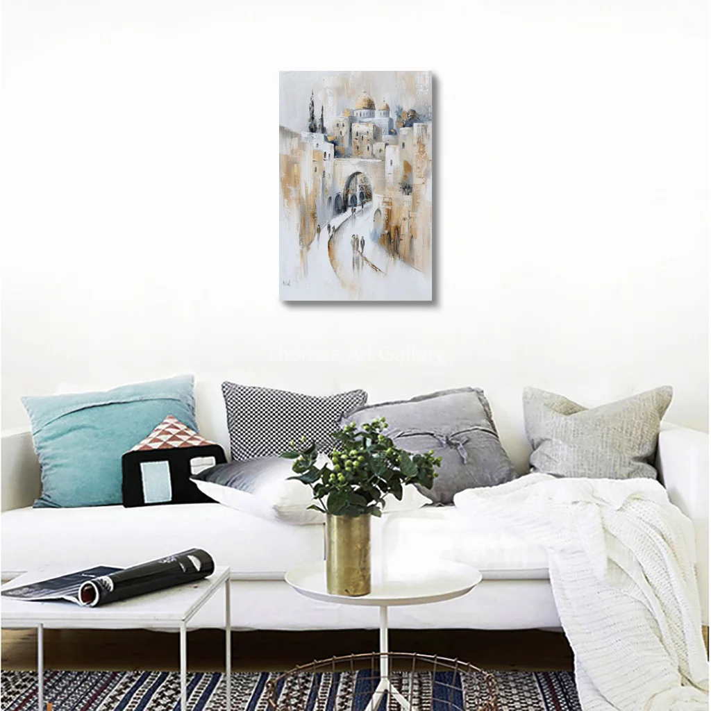Oversized Canvas Wall Art Jerusalem Old City Beige Blue Arch Crowd HD Spraying Painting Modern Jewish Living Dining Room Decor