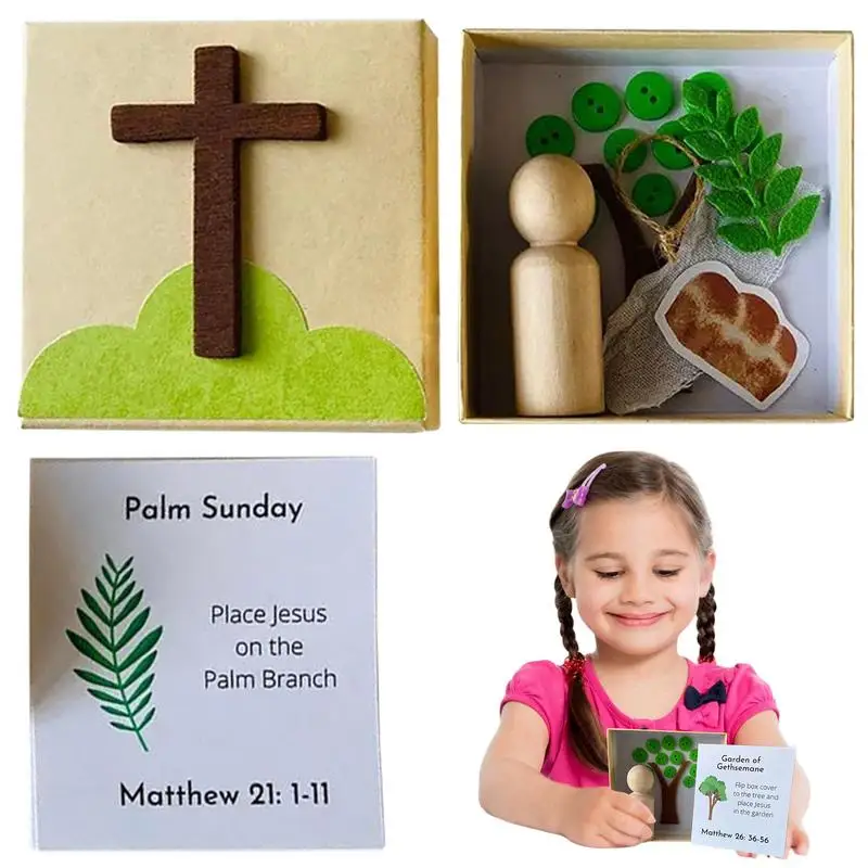 Caja de madera de la Semana Santa de Pascua familiar, juego religioso festivo de la Biblia, caja de la Semana Santa, juego de resurrección, historia religiosa de Pascua