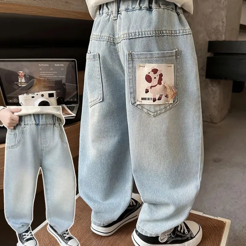 

Spring Faionable Boys Jeans Labelled Versatile mid Waist Straight Leg Knitted Casual Comfortable Fit for Students And Teens