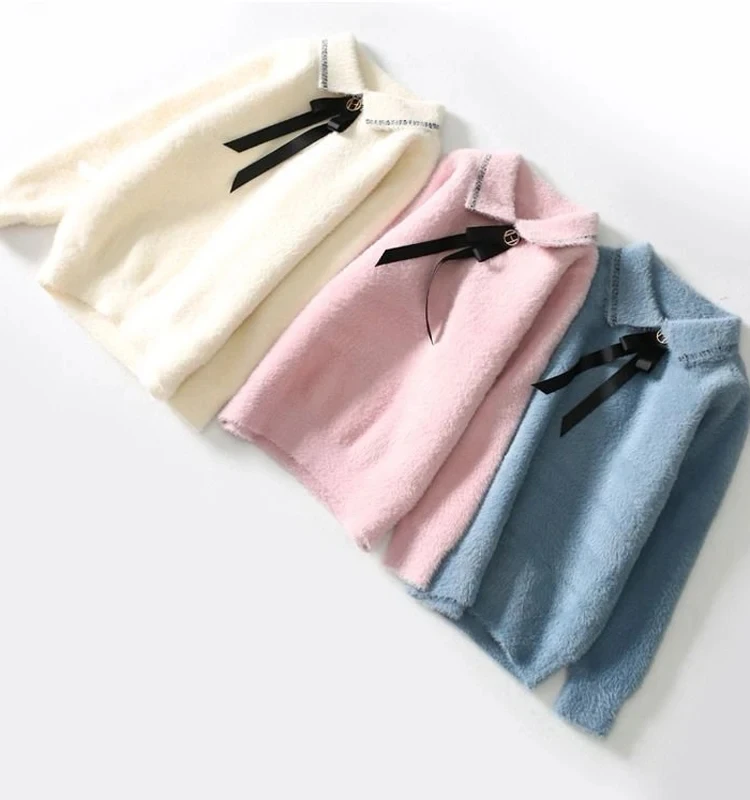 All-match Solid Color Student Children's Sweaters Autumn Winter Soft Velvet Girls Sweaters Bow Tie Turndown Collar Baby Sweater