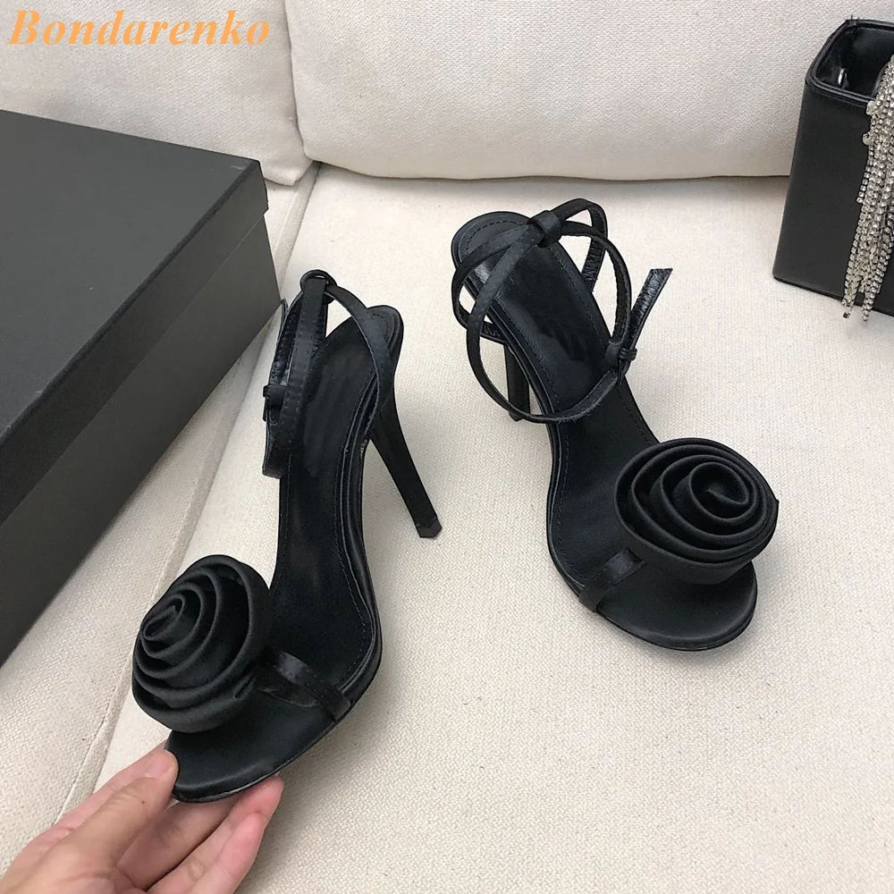 Flower Decor Satin Sandals Thin High Heel Runway 2024 Summer Fashion Solid Rosy Black New Arrivals Women Sandals