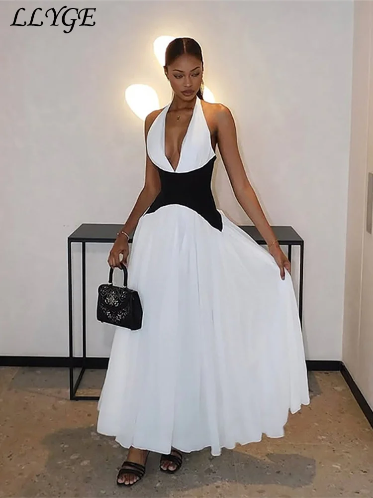 

Elegant Patchwork Long Party Dress Women Halter Sleeveless Backless A Line Pleated Female Dresses 2025 Summer Lady Evening Gowns