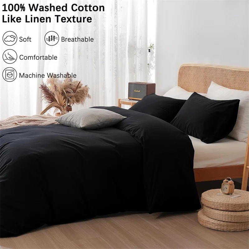 3pcs Duvet Cover Set with Pillow Case, Solid Color Bedding Set, Washed Cotton Comforter Cover, for Single Double King Queen Bed