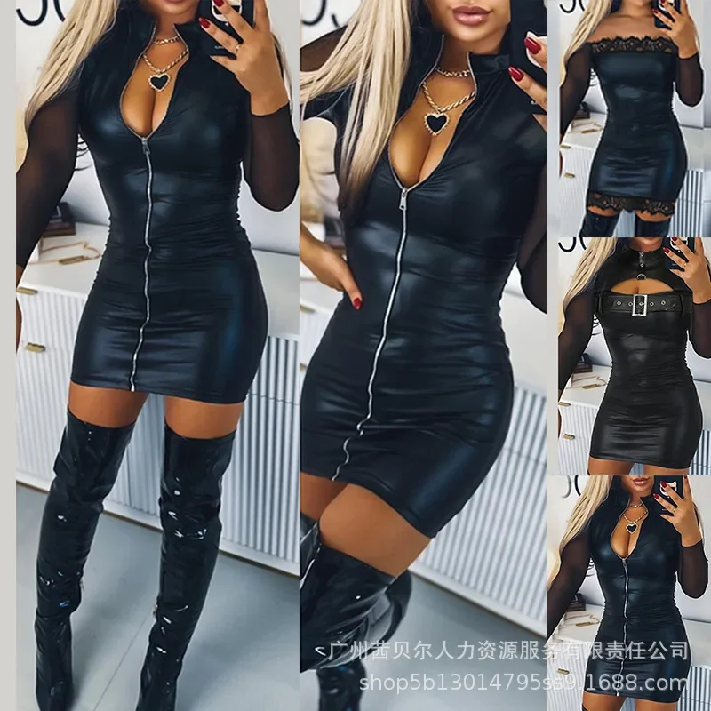 

PU Leather Zipper Fly Bodycon Dress Women Dresses Sexy V Neck Spring Club Elegant Splice Vestidos Sheath Party Night Elegant