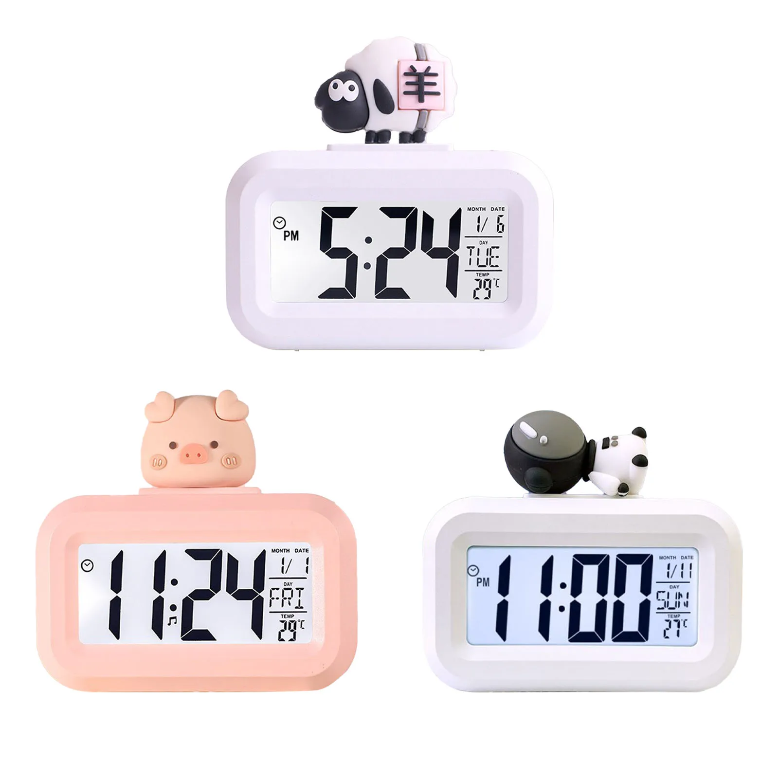 ساعة إلكترونية كرتونية لطيفة مع شاشة ليد ، منبه سطح المكتب ، البيانات ، الوقت ، التقويم ، درجة الحرارة