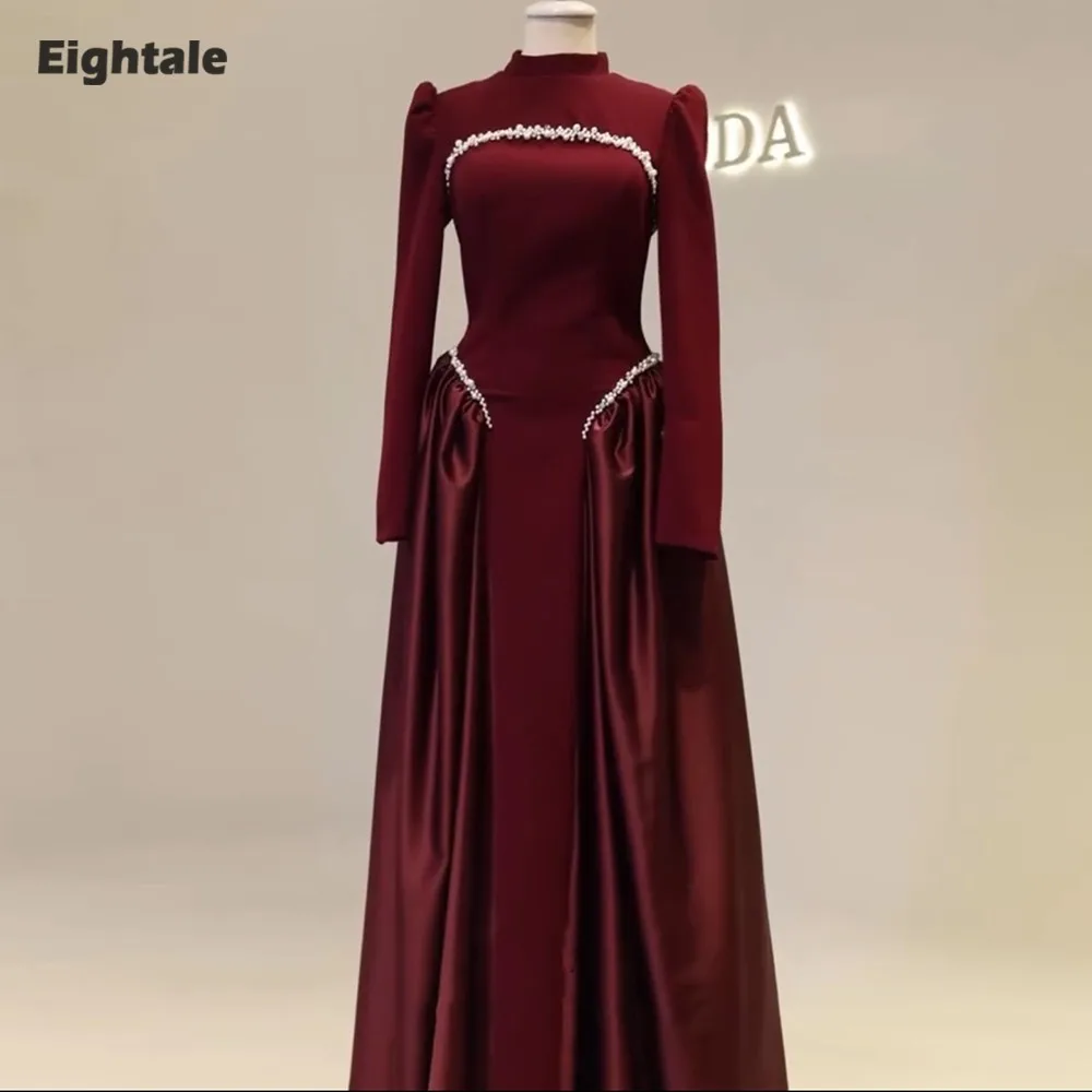 

Eightale Arabic Evening Dress Muslim Prom Gown Customized High Neck Long Sleeves Wedding Party Dress A-Line Robes De Soirée