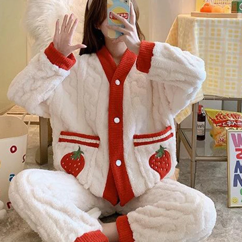 Peach Strawberry Cardigan Warm Thickened Casual Coral Fleece Pajamas Set