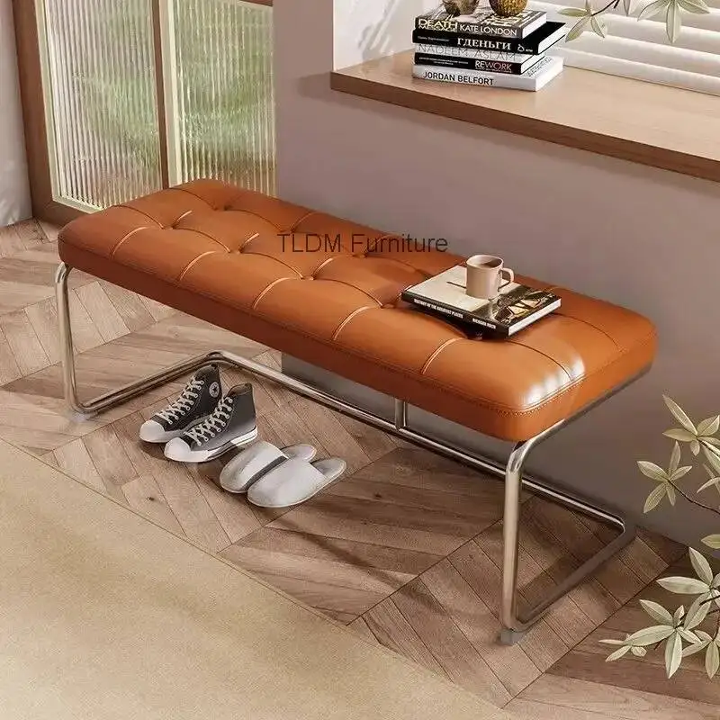Nordic Style Leather Upholstered Bench Stainless Steel Frame Entryway Bench Tufted Accent Bench for Bedroom Living Room
