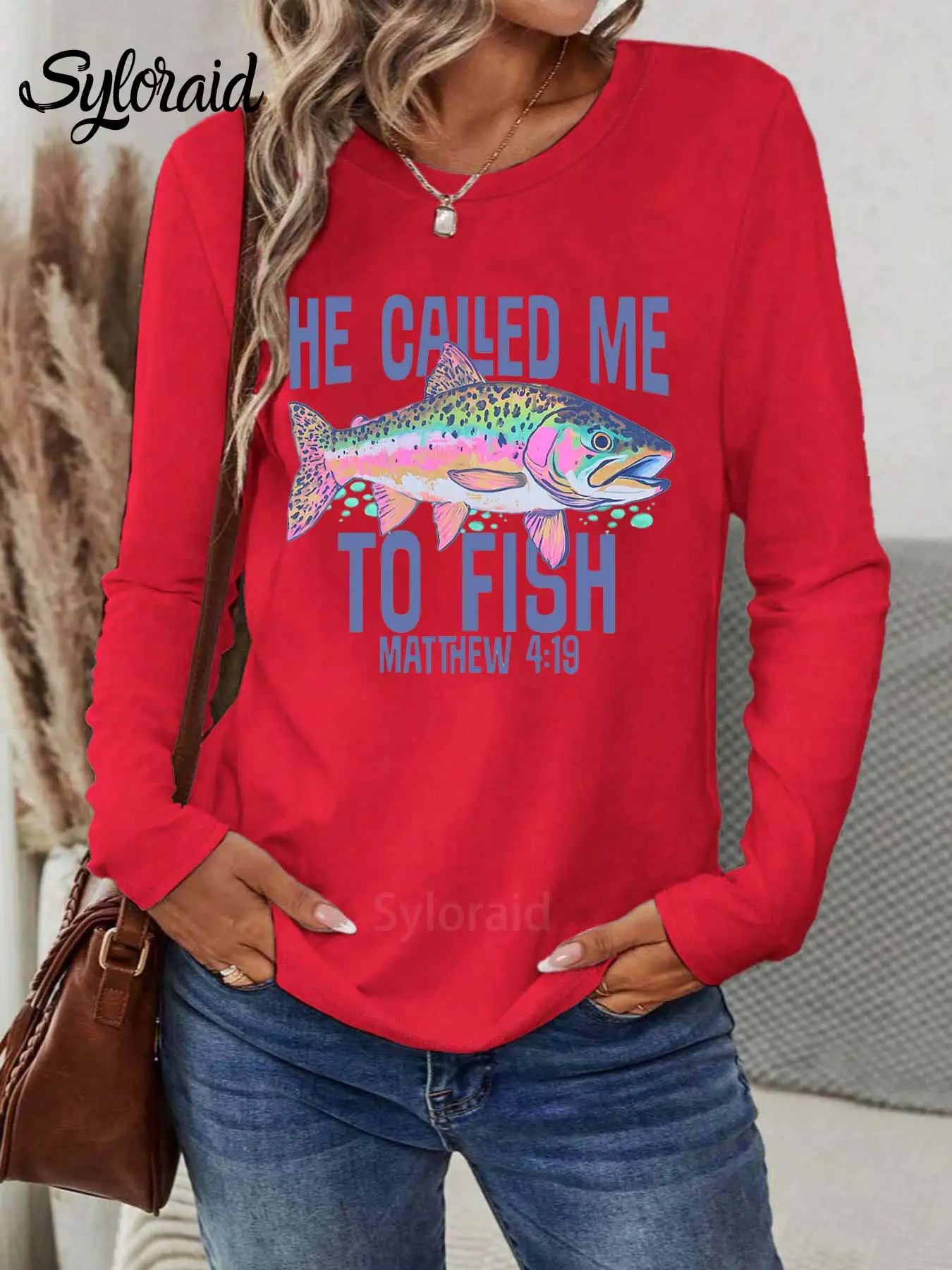 تي شيرت نسائي طويل الأكمام يسمى السمك كريستيان جرافيك تي شيرت معتمد على الإيمان قميص صيد السمك موضة رقبة مستديرة كاجوال