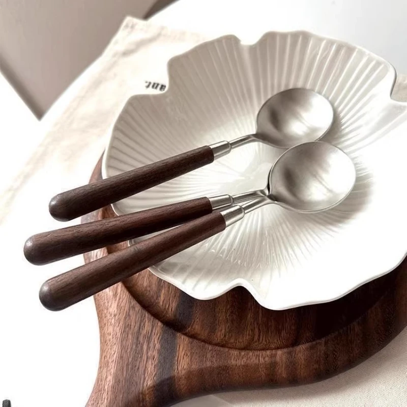 

Imitation Walnut Wood Grain Spoon Western Food Soup Spoon Larger Stainless Steel Round Spoon Tableware