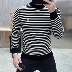 Men Clothing Autumn Winter Korean Fashion Striped Embroidery Long Sleeve T-shirt Y2K Male Casual O Neck Slim Basic Pullover Tops