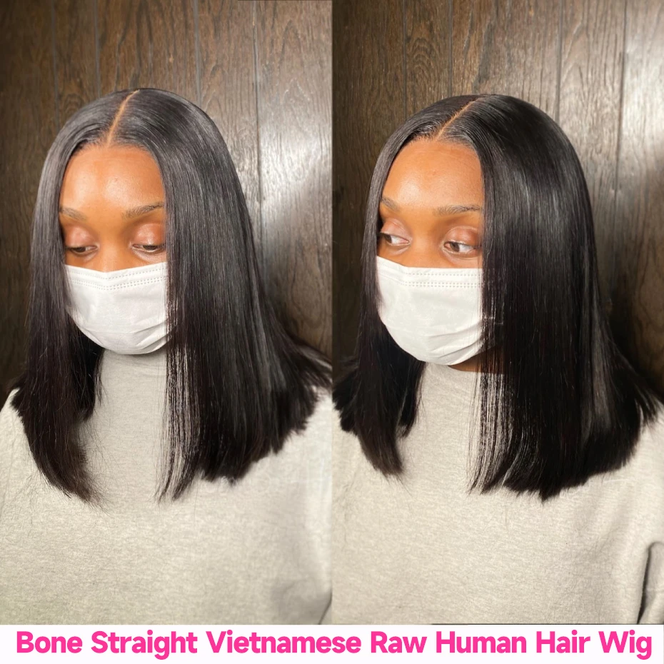 8-18 inch Blunt Cut Bone Straight Short Bob Wig Human Hair Pre Plucked Natural Black Color 13x4 Hd Lace Frontal Wig Ear to Ear Raw Vietnamese Hair Lace Front Wigs For Women