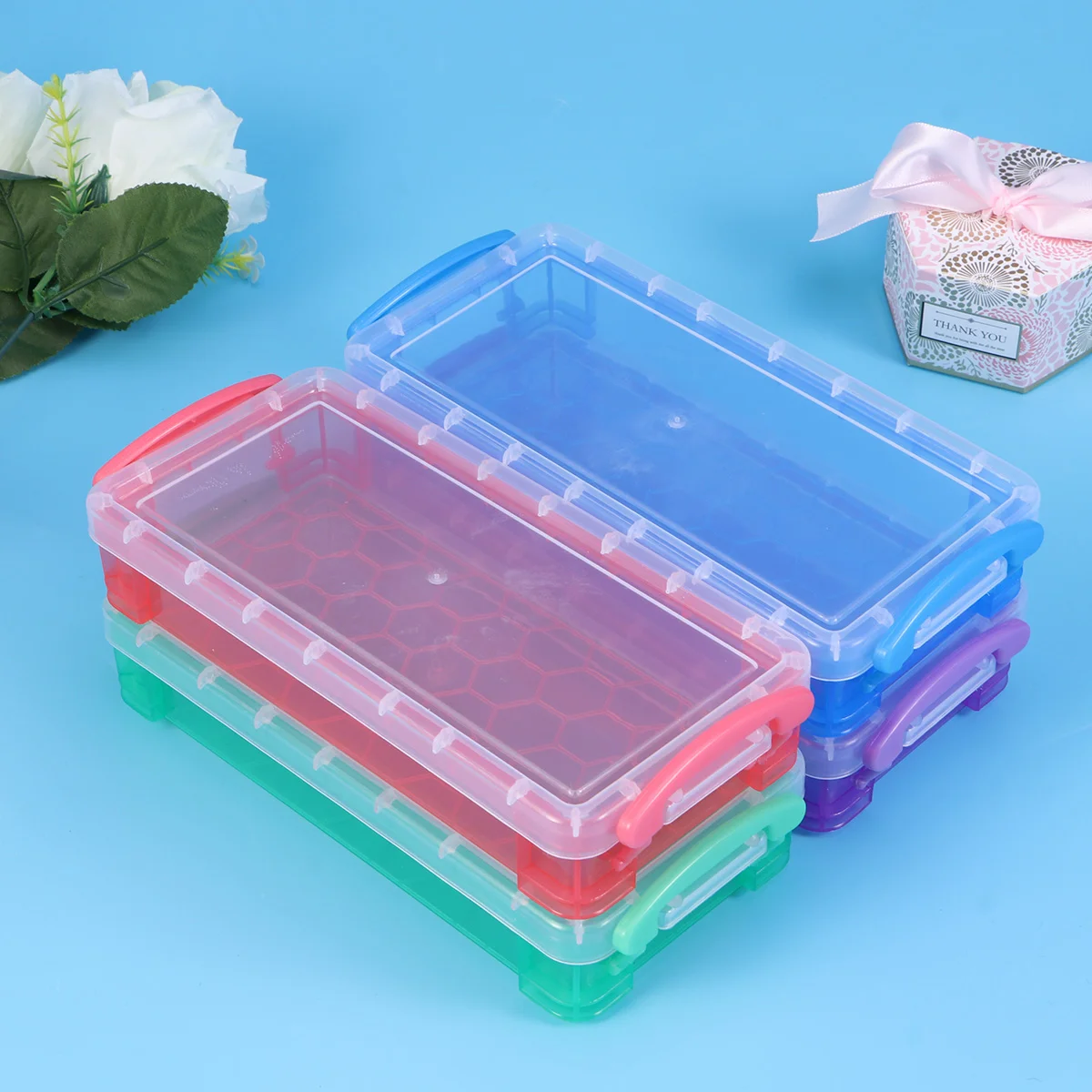 4pcs Multi-functional Transparent Pencil Case Plastic Pencil Box Storage Case Stationery Supplies for School Office ( Color)
