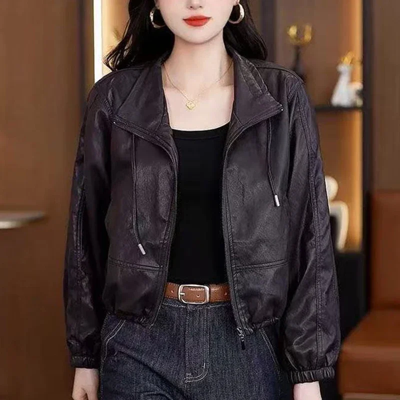 Fashion Chic Black Faux Leather Jacket Women Spring Autumn New Zip Up Lapel Collar Drawstring Loose Oversized Pockets Streetwear