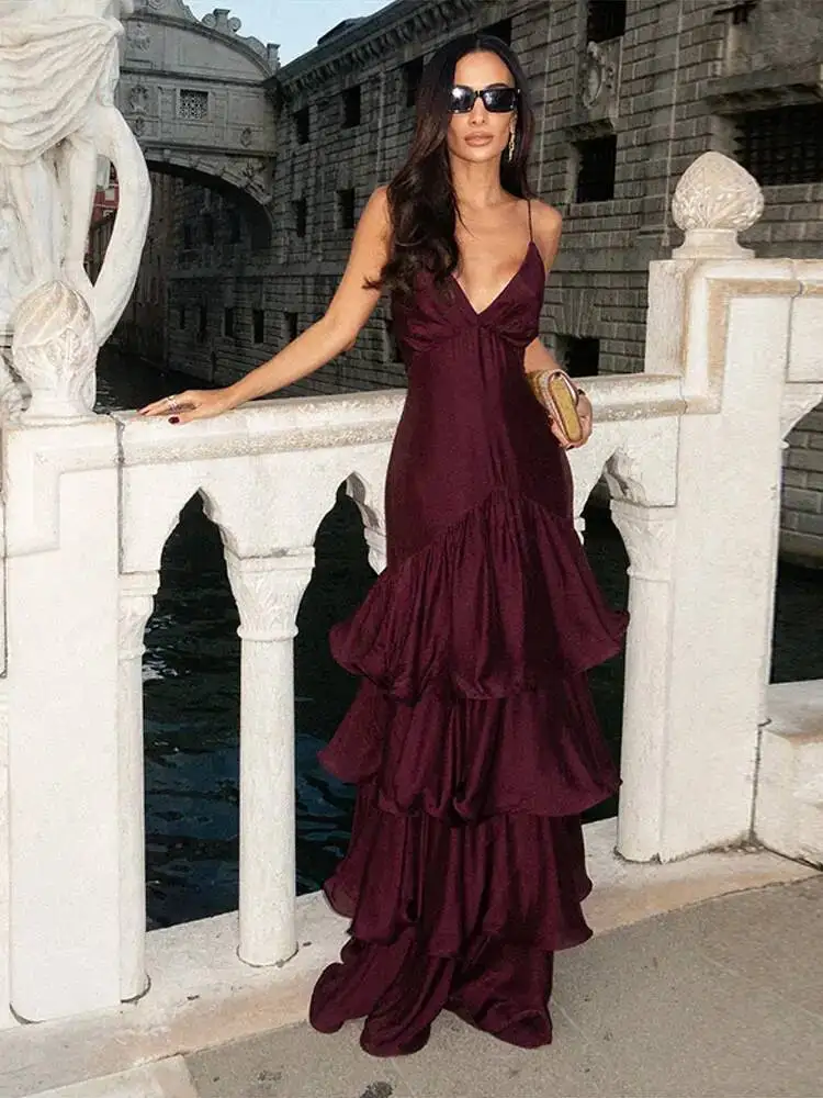 

Elegant Women Suspender Dress V-neck Ruffles Sleeveless Backless Summer Sexy Long Dress Vacation Chic Ladies Clothing For Party