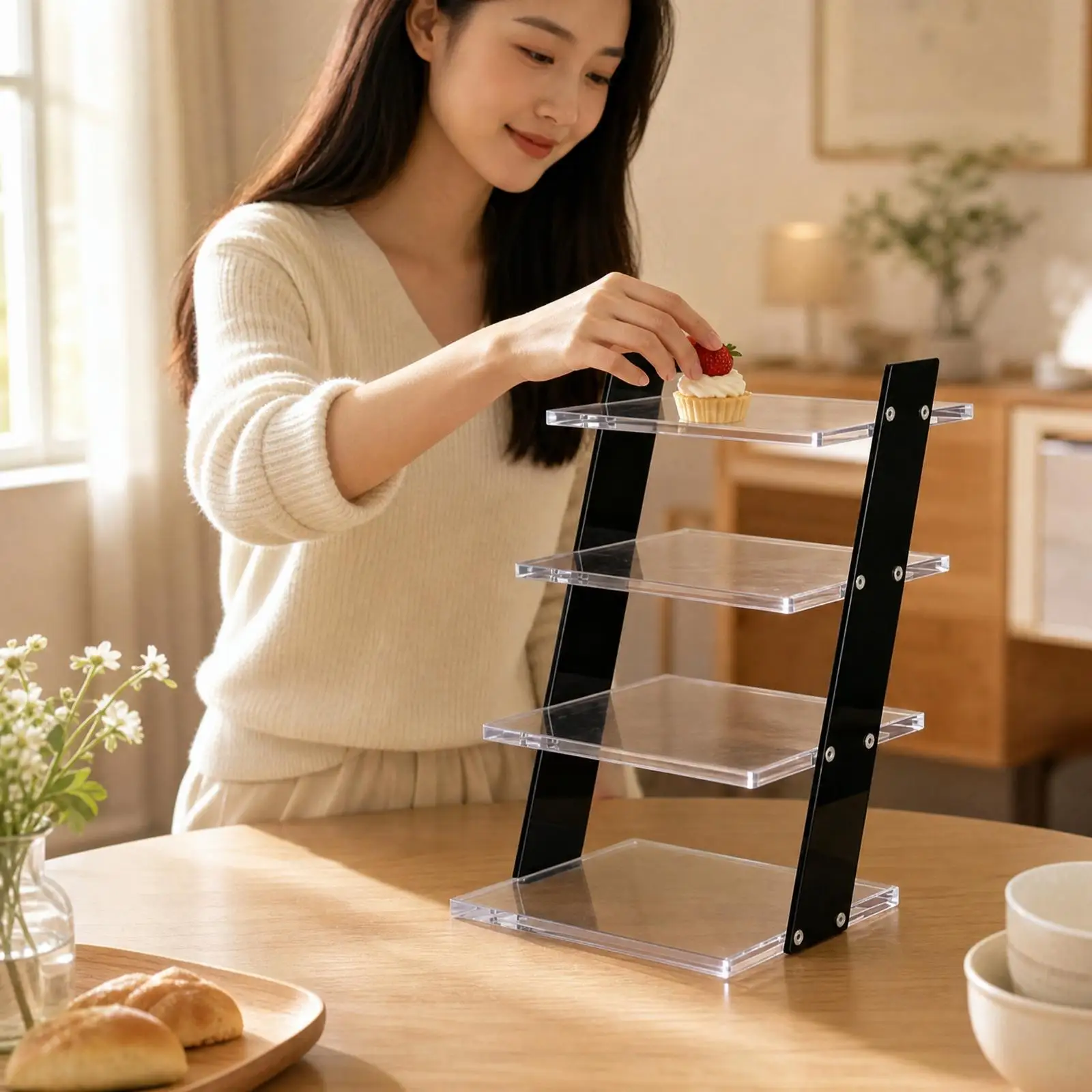 Four-Tier Dessert Display Rack Easy to Install Acrylic Tiered Dessert Stand Cupcake Display Rack with Clear Shelves Removable
