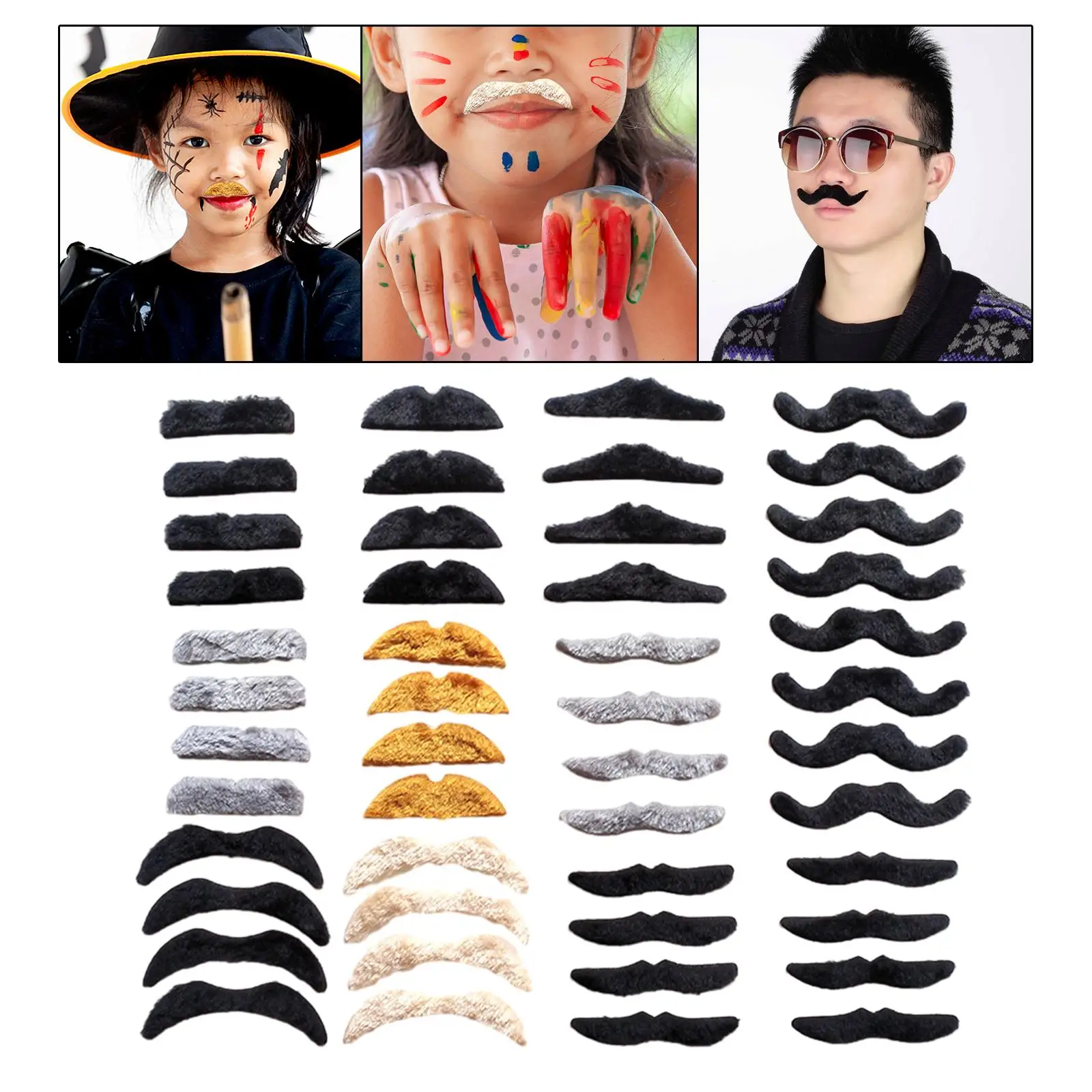 48 peças bigode falso, suprimentos para festa fantasia de Halloween vestido curto de barba
