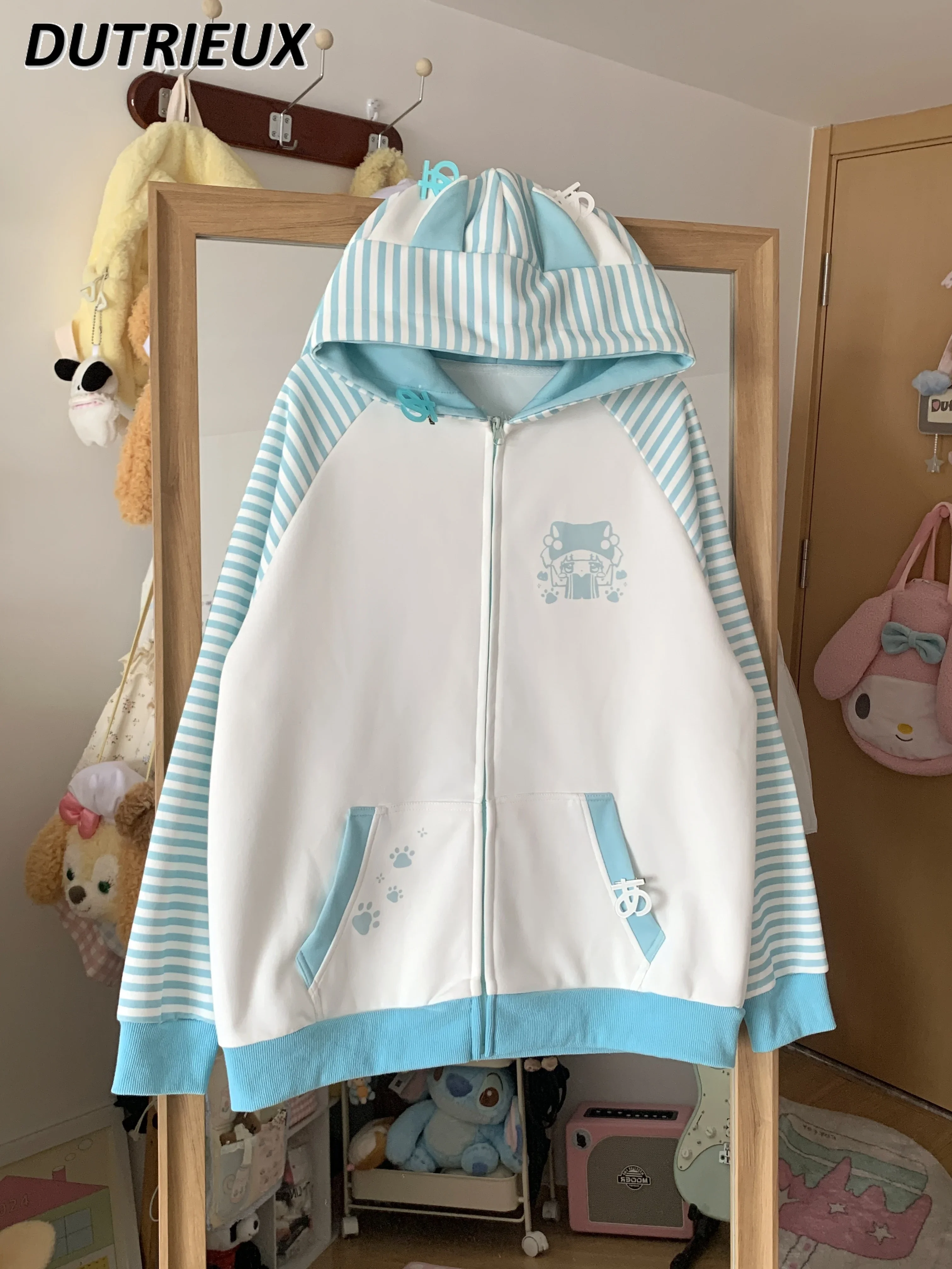 

Original Japanese Cartoon Printing Contrasting Stripes Fleece Thickened Hooded Jacket Spring Autumn New Loose Cardigan Top Women