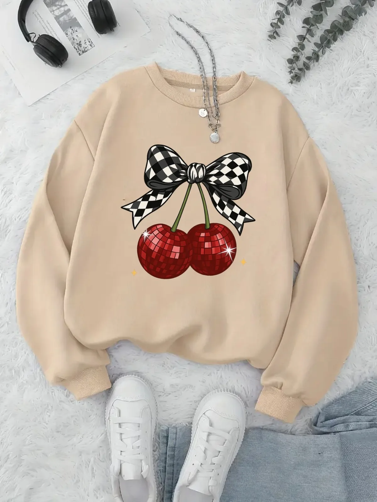 여성용 라운드 넥 스웨트셔츠 디스코 체리 펑크 레트로 크리에이티브 프린트 스웨트셔츠 멀티 컬러 캐주얼 라운드 넥 풀오버 코트