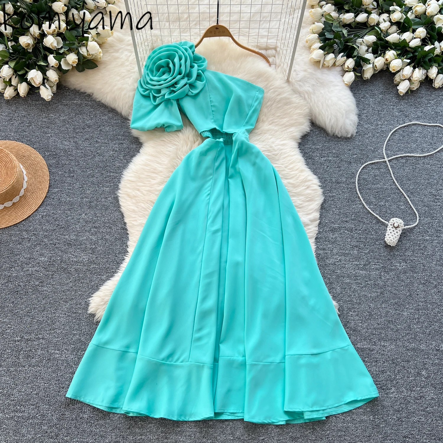 

Irregular Off Shoulder 2025 Vestidos 3d Floral Dress Hollow Out Waist Dresses Woman Summer New Robe Satin Ropa De Mujer