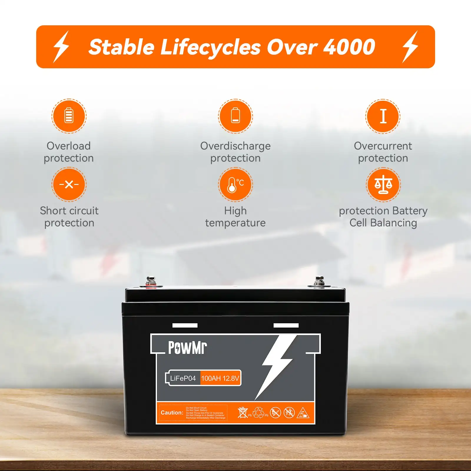 PowMr 1280KW 12.8V 100Ah Lifepo4 Battery Discharging Current 100A More than 6000 Cycles A Grade Cells Max in Parallel 4 Units