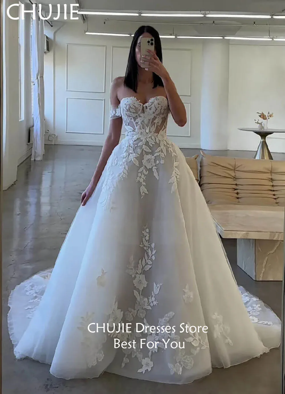 화이트 레이스 아플리케 브라이덜 가운 클래식 오프숄더 웨딩 드레스 여성 우아한 맞춤형 신부 드레스 베스티도 데 노비아