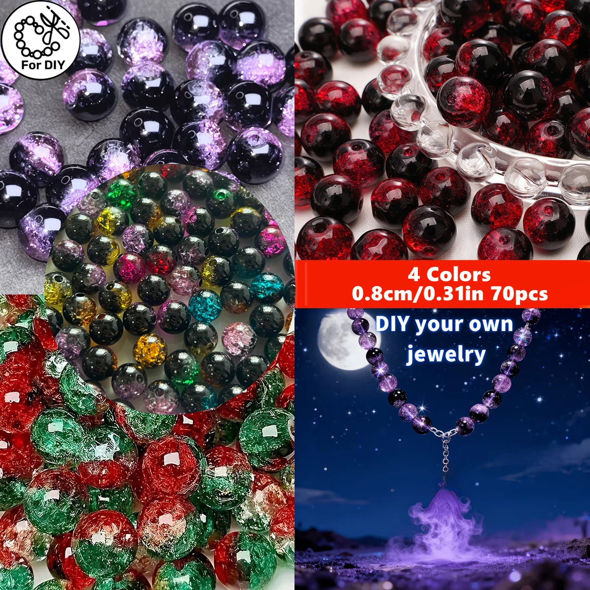 70pcs 8mm Mixed High Quality Black And Purple Acrylic Beads, Suitable for DIY Jewelry Making Decorations